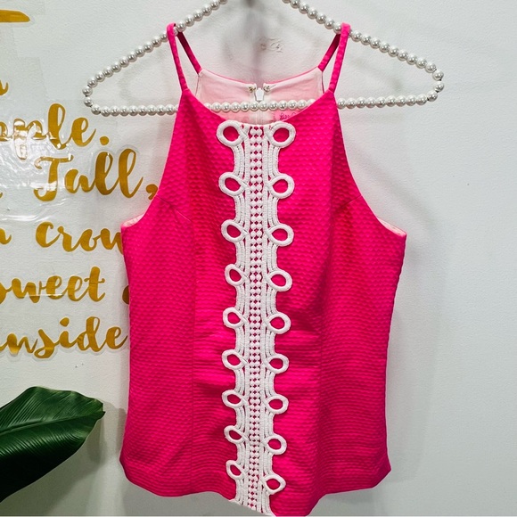 LILLY PULITZER Annabelle Pink White Halter Tank Top Blouse Size 0 - Picture 3 of 11